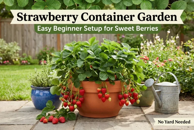 Strawberry container garden setup for beginners with ripe berries in a patio pot