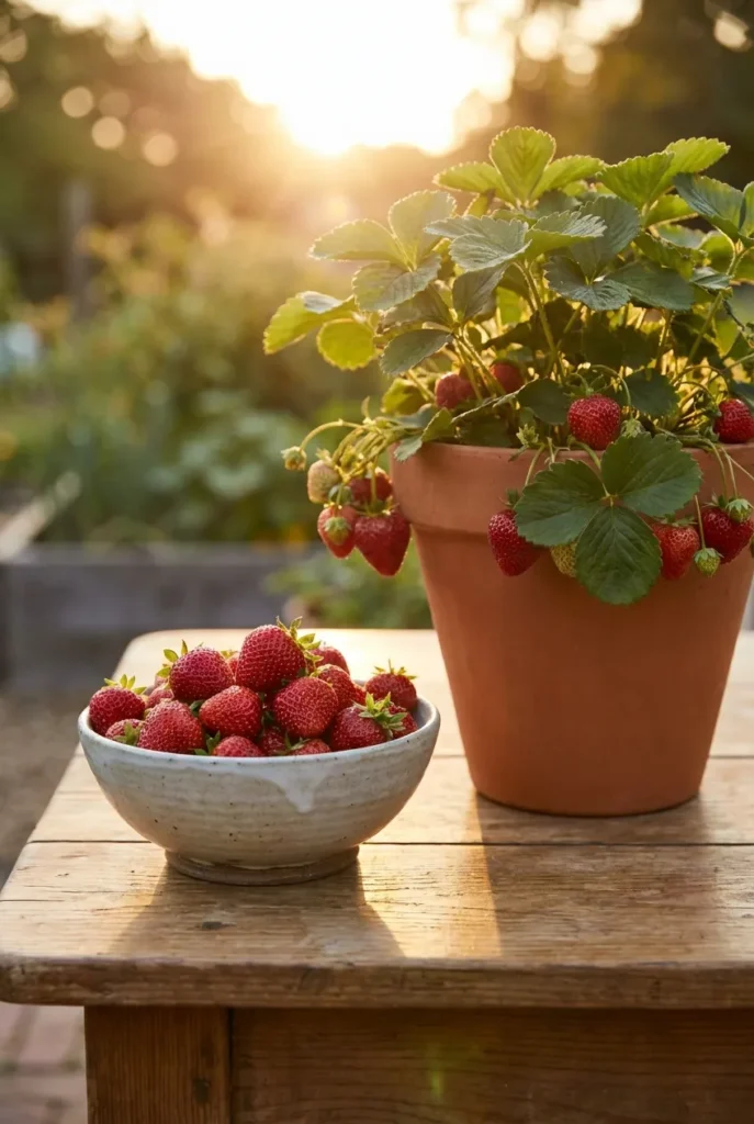 Freshly harvested strawberries from a container garden in a bowl