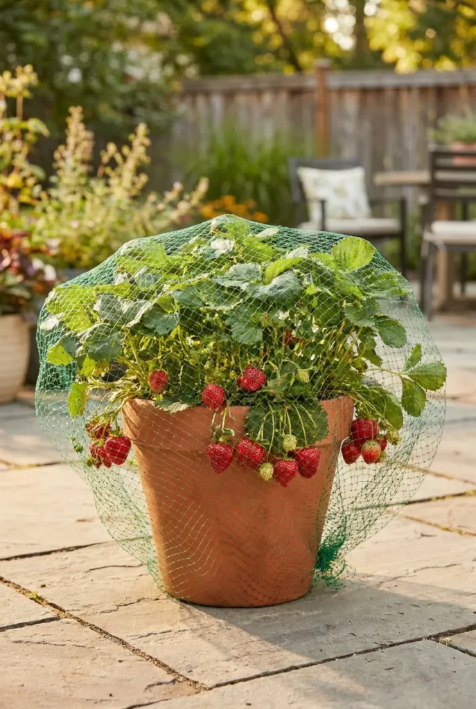 Bird netting protecting ripe berries in a strawberry container garden