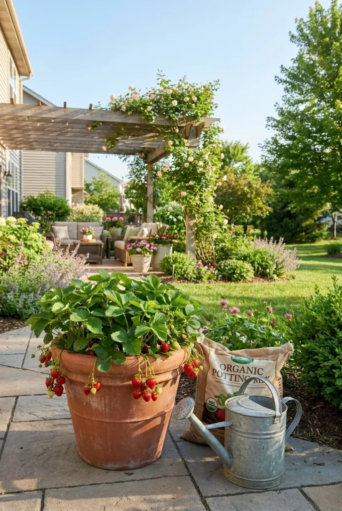 Strawberry container garden with ripe berries in a terracotta pot on a sunny patio