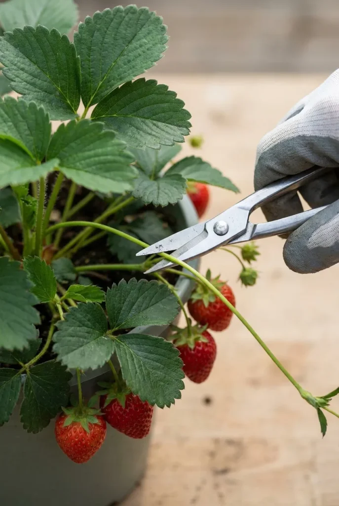 Trimming runners from a strawberry plant in a container garden