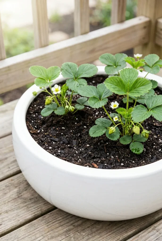 Two young strawberry plants correctly spaced in a white container garden pot