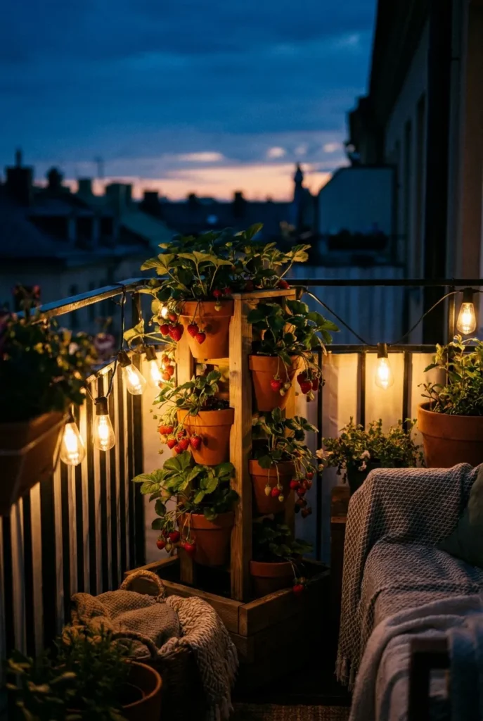 Vertical strawberry container garden tower on a balcony at dusk
