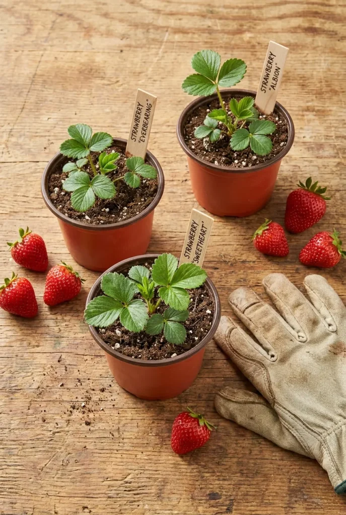Three strawberry plant varieties for a container garden shown in nursery pots