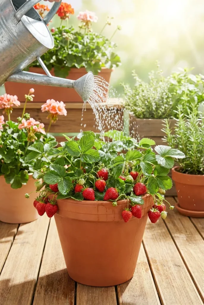 Watering a strawberry container garden with a galvanized can on a sunny deck