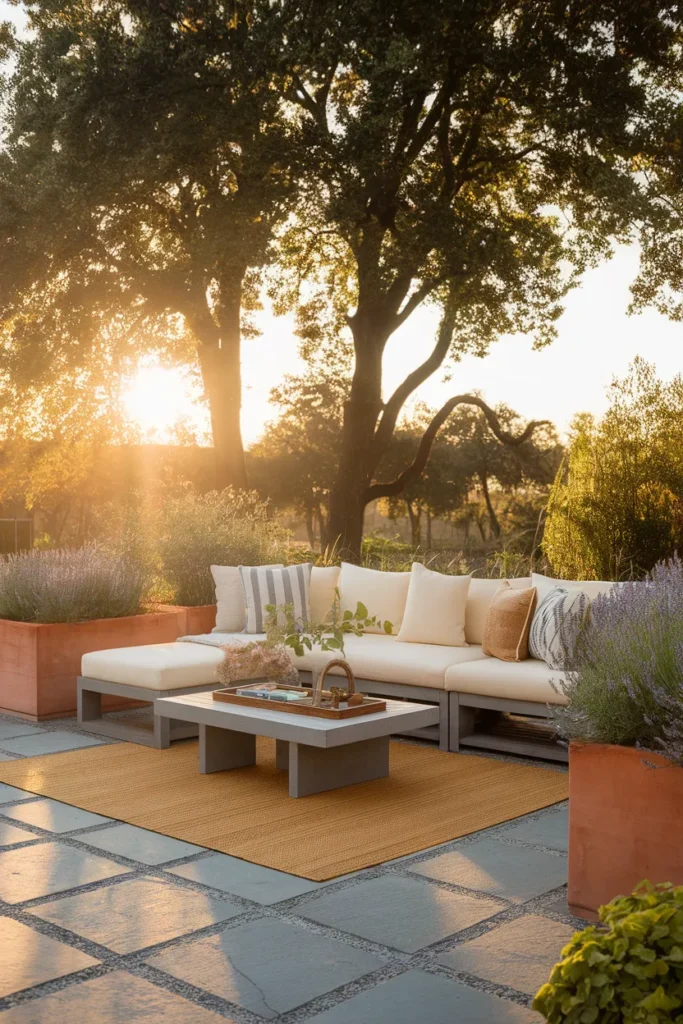 styled stamped concrete patio with outdoor rug, sofa, and terracotta planters
