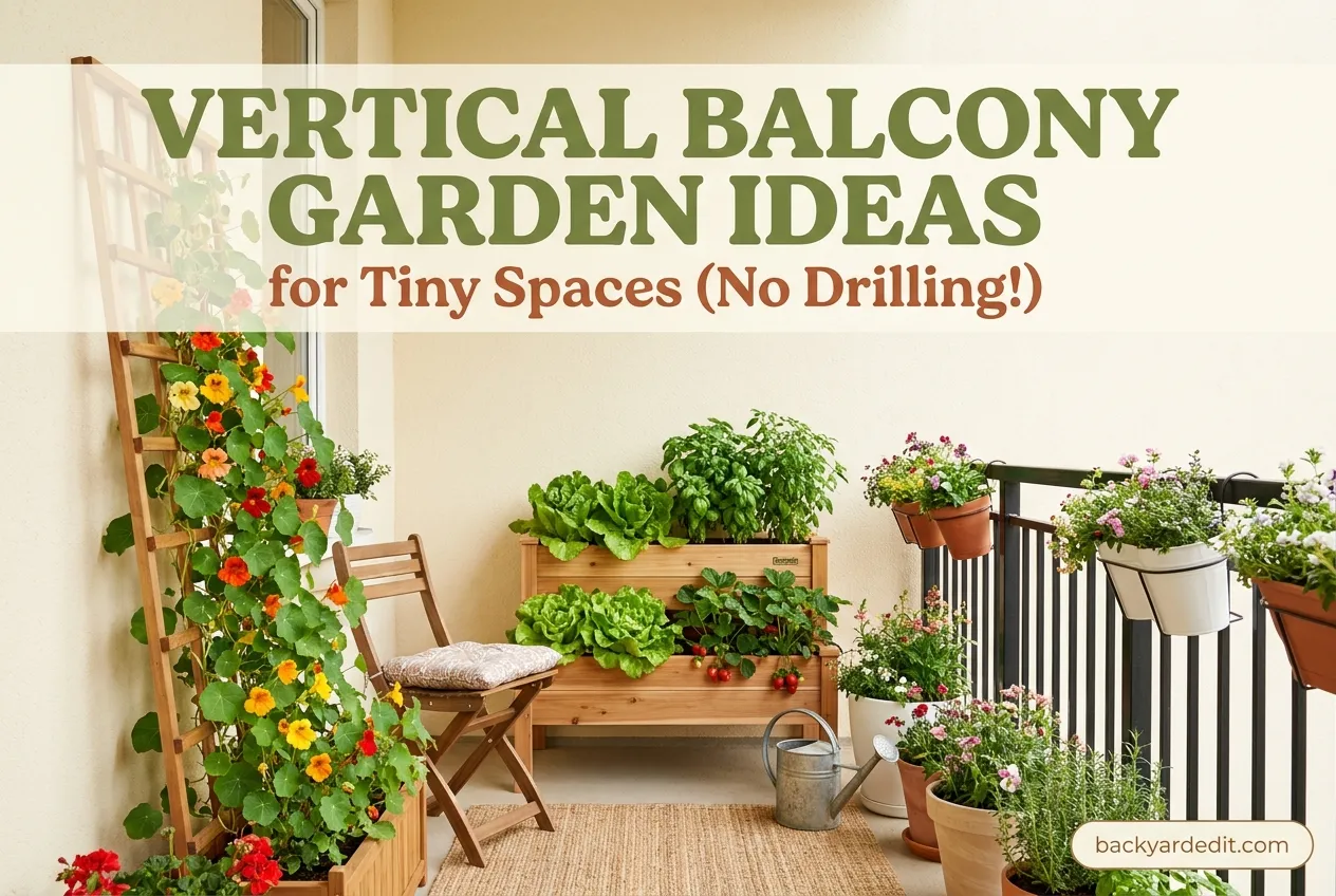 Vertical balcony garden ideas for tiny spaces with trellis, tiered planter, and railing pots