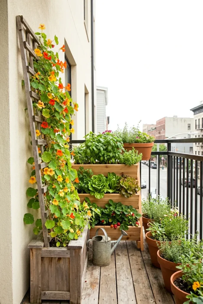 Vertical balcony garden with trellis and tiered planter on a small apartment balcony