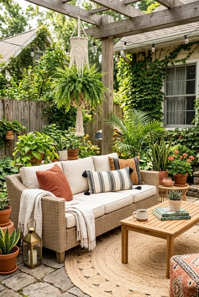 Bohemian wicker patio furniture ideas with terracotta pillow and jute rug