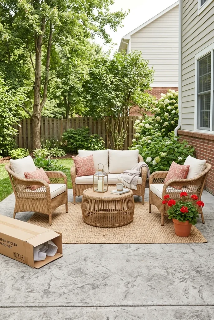 Budget wicker patio furniture ideas set styled on a concrete patio