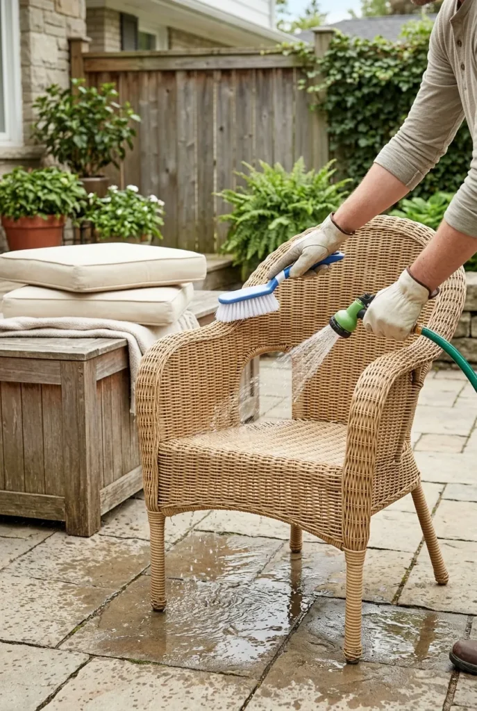 Cleaning resin wicker patio furniture with a brush and hose to keep it new