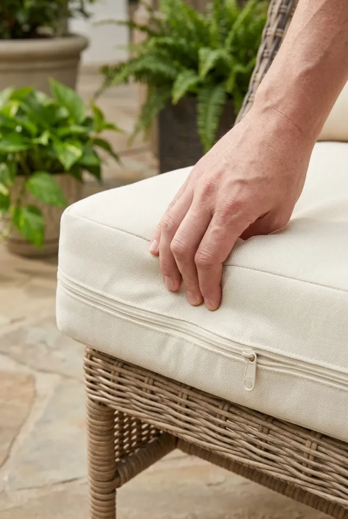 Thick cream cushion on wicker showing comfort for wicker patio furniture ideas