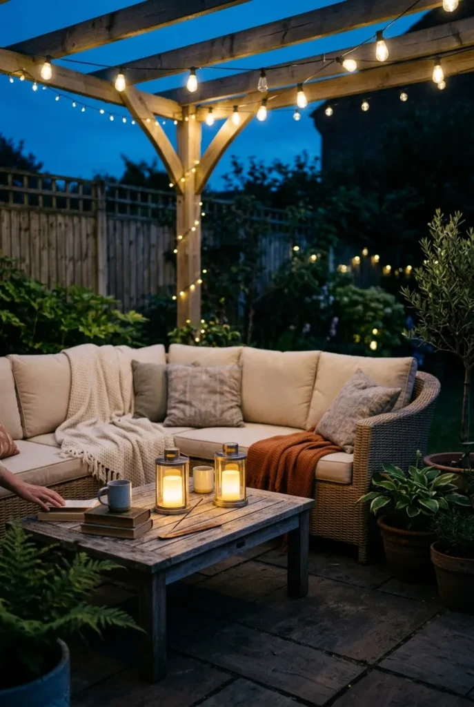 Cozy wicker patio furniture ideas at dusk with string lights and lanterns