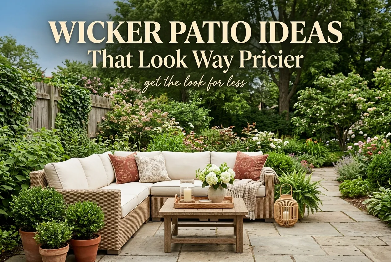 Wicker patio furniture ideas featured pin with cream cushions and title overlay