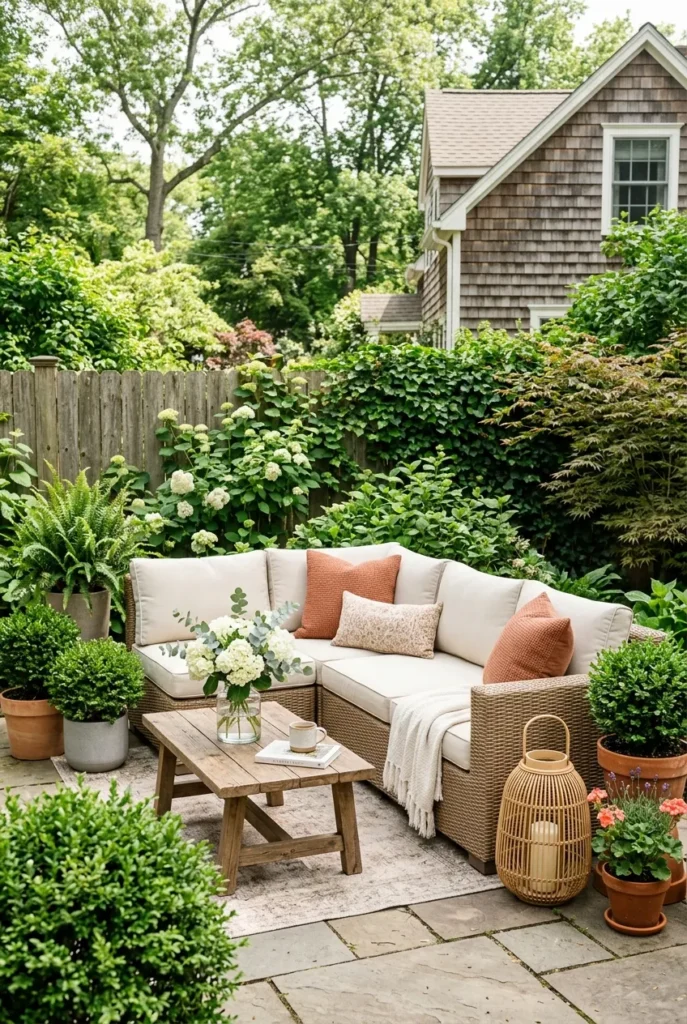 Wicker patio furniture ideas on a bright patio with cream cushions and white hydrangeas