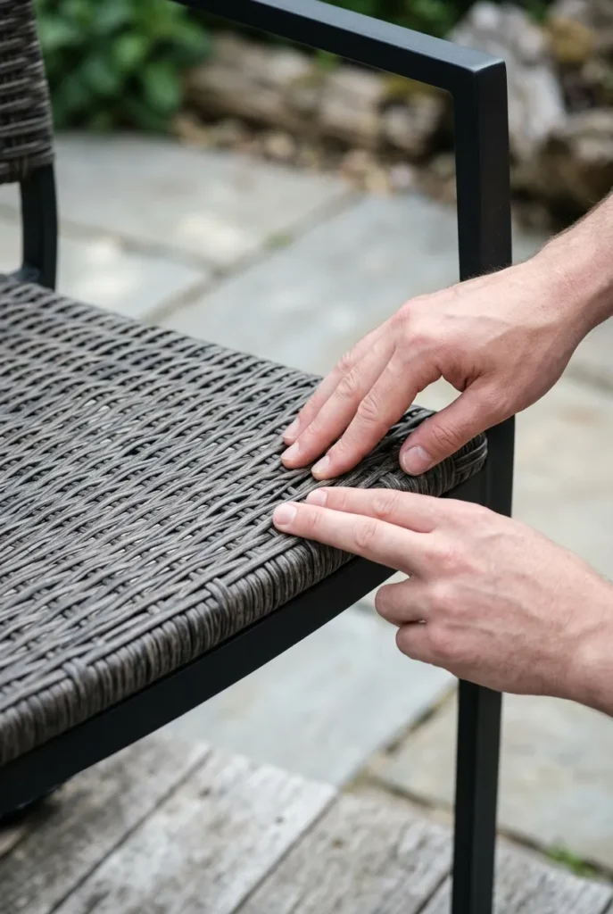 Resin wicker weave over aluminum frame showing quality for wicker patio furniture