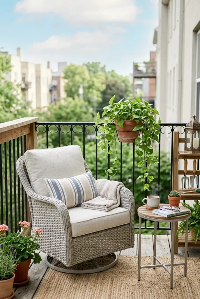 Small wicker patio furniture ideas on a compact balcony with one swivel chair
