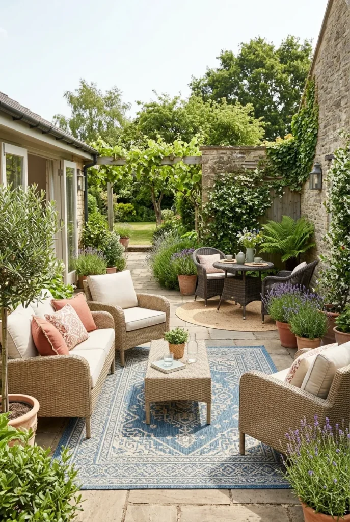 Wicker patio furniture ideas zoning a patio into seating and dining areas