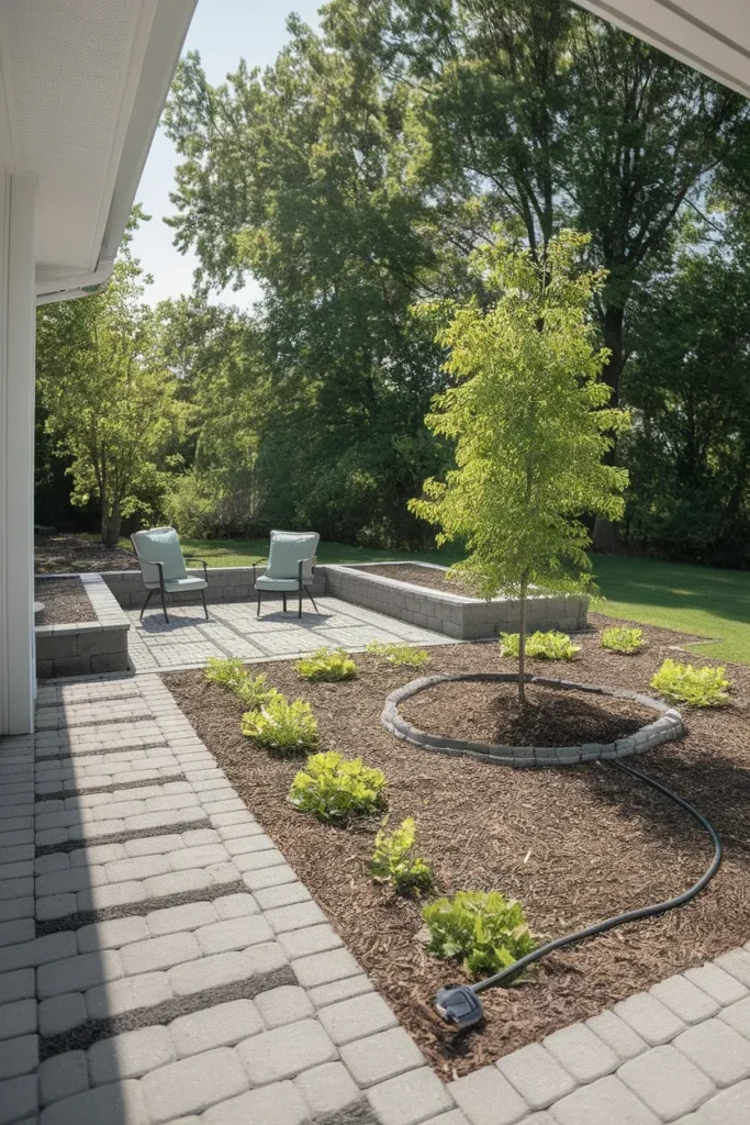 A patient first year new build garden with a small tree, drip line, and open planting gaps