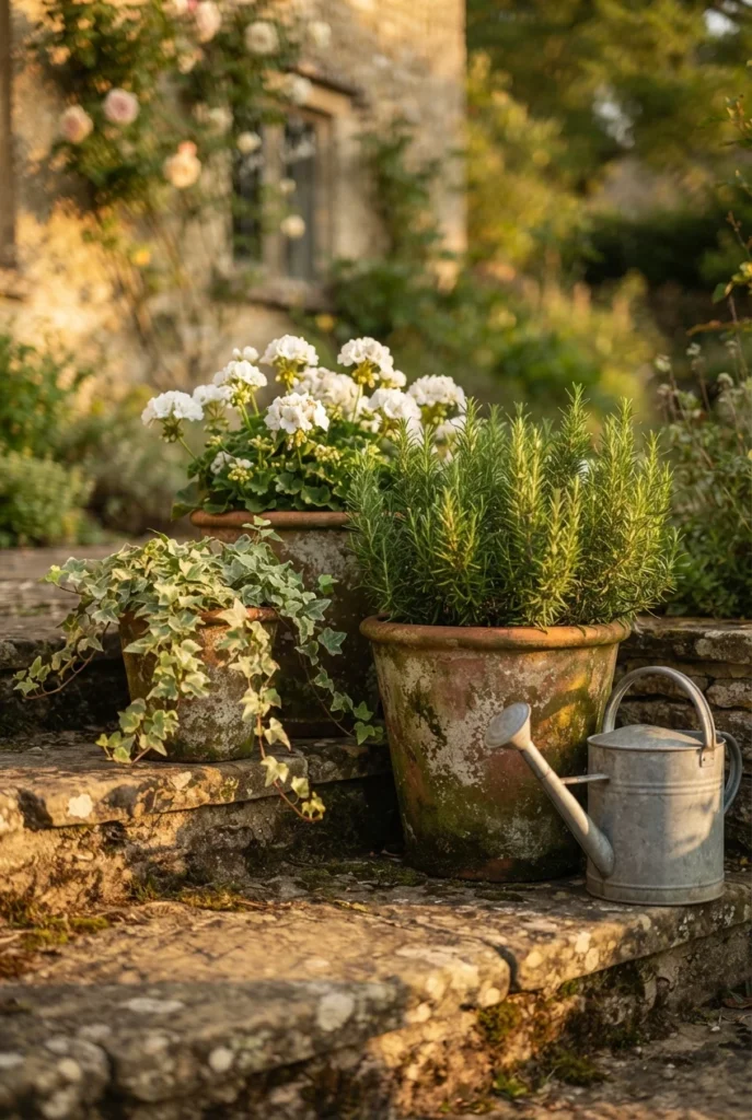 Aged terracotta pots clustered on stone steps in a French cottage garden