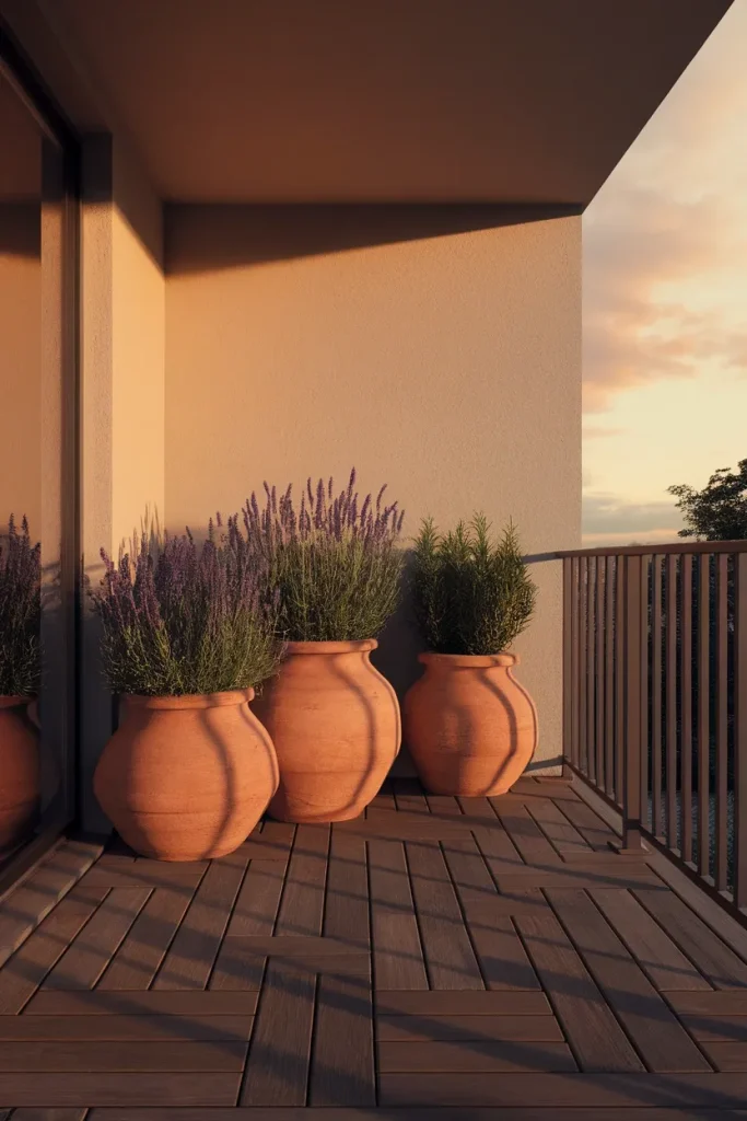 Apartment balcony decor with heavy planters clustered against the wall for safe weight distribution