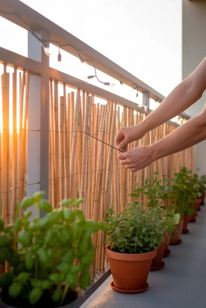 Apartment balcony railing covered with bamboo reed fencing zip tied for renters