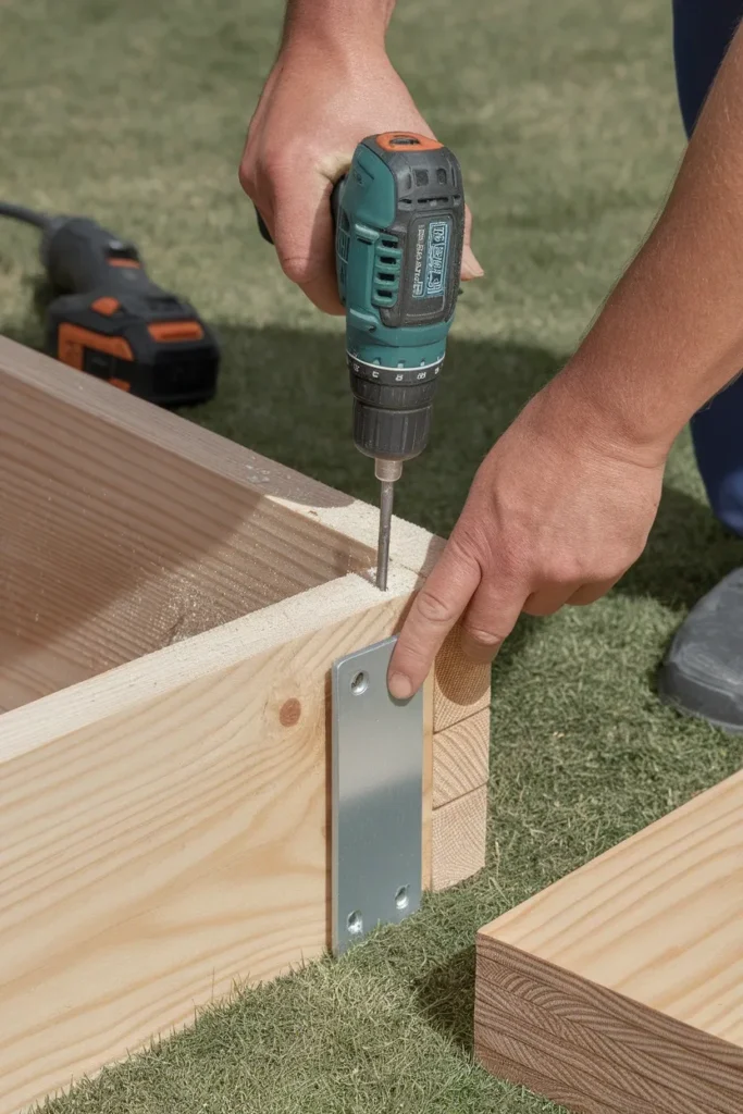 Assembling a cedar raised flower bed planter box with corner brackets and a drill