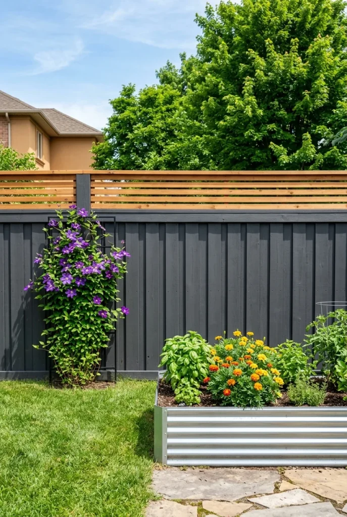 Backyard fence makeover with charcoal stain, cedar slat topper and climbing clematis