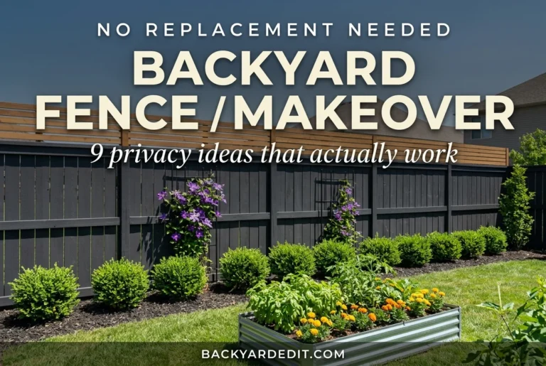 Backyard fence makeover with dark charcoal stain, cedar slat topper and climbing vines for privacy