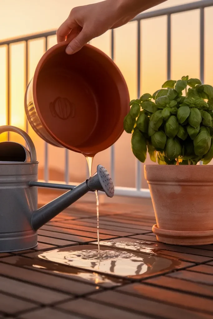 Balcony aesthetic drainage tip showing a saucer emptied to stop water dripping to the balcony below