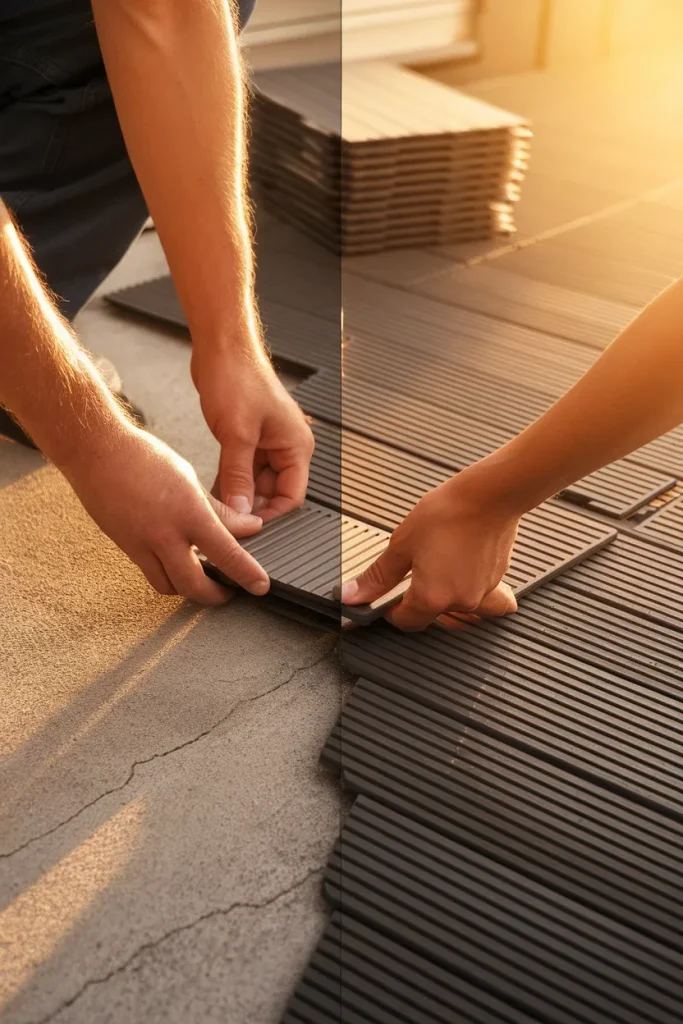Balcony aesthetic floor upgrade with interlocking deck tiles installed over bare concrete