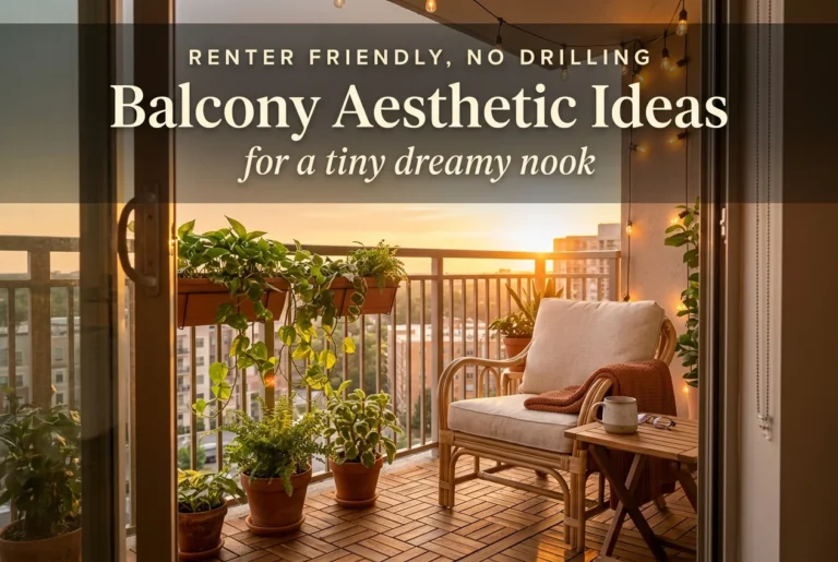 Balcony aesthetic ideas pin showing a cozy rattan chair, deck tiles, and string lights at golden hour