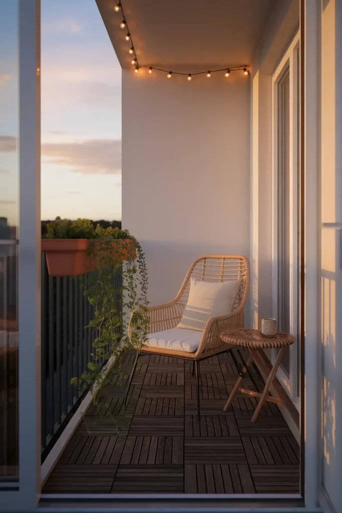 Balcony aesthetic nook with rattan chair, deck tiles, and warm string lights at golden hour