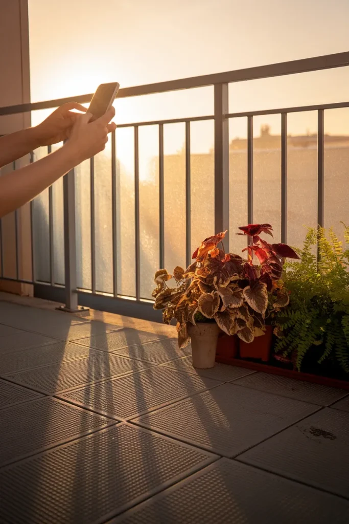 Balcony aesthetic sun mapping with phone photo showing direct light hours on deck tiles