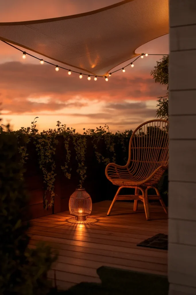 Balcony covering ideas lit at dusk with warm string lights under a fabric shade sail