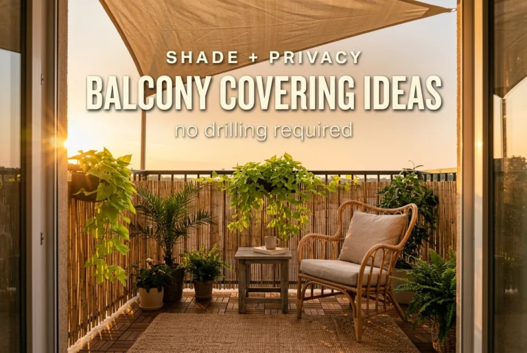Balcony covering ideas pin with shade sail, bamboo railing screen and deck tiles at golden hour