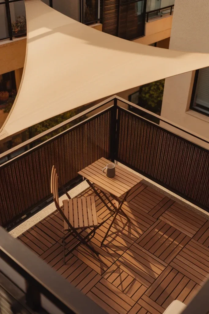 Balcony covering ideas shown as three layers, overhead sail, railing screen and deck tiles