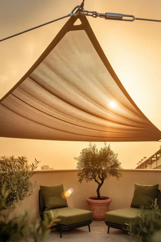 Balcony covering ideas using a taut triangular shade sail tensioned with turnbuckles