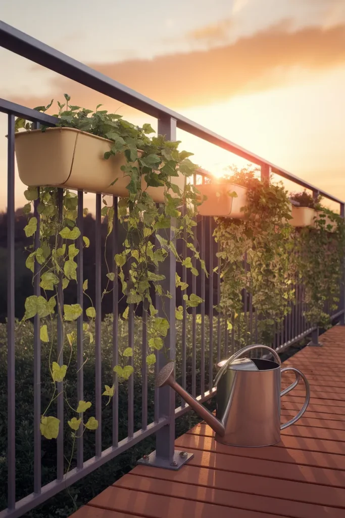 Balcony covering ideas using lightweight railing planters and trailing vines as a screen