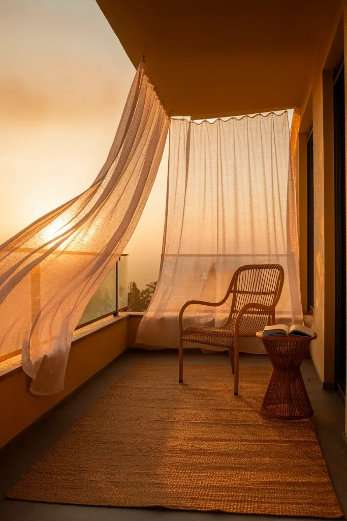Balcony covering ideas with outdoor curtains on a tension rod for shade and privacy