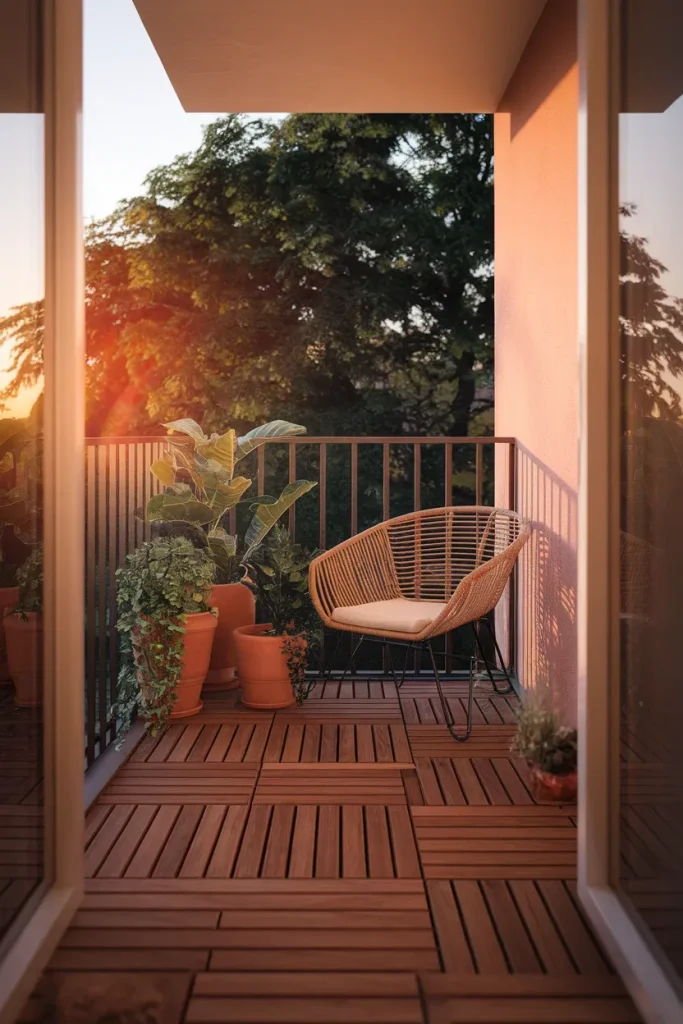 Balcony flooring ideas using acacia deck tiles over concrete at golden hour