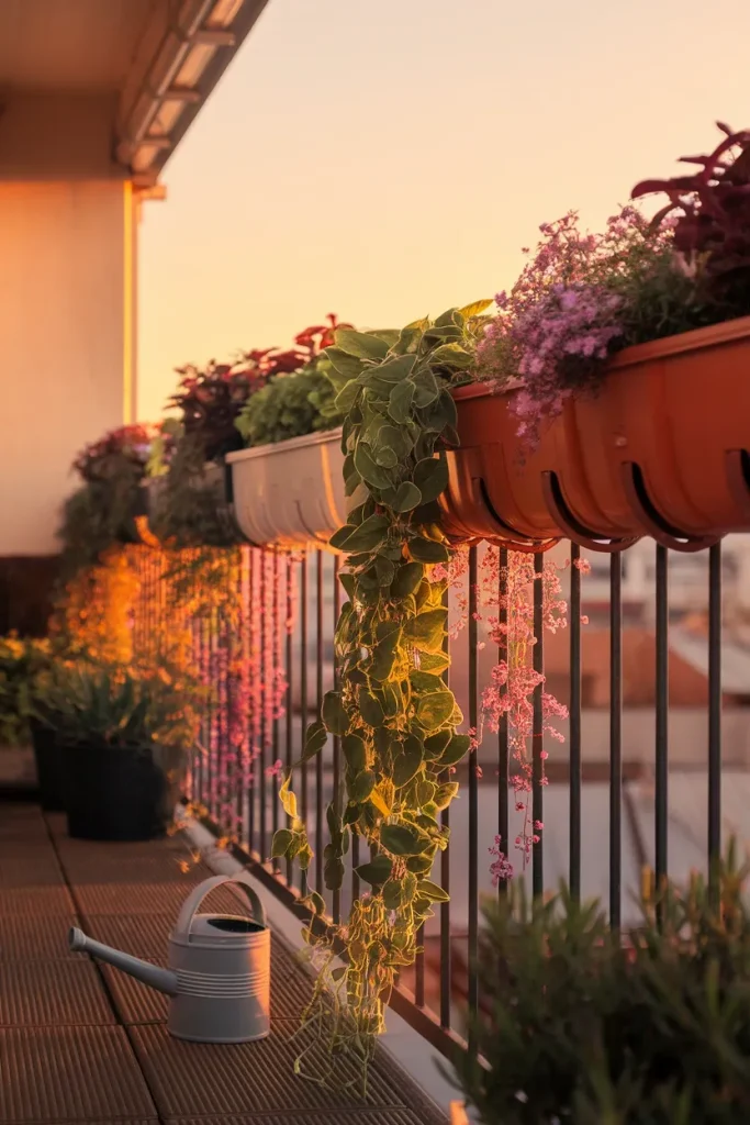 Balcony garden ideas with railing planters and trailing plants at eye level on a small balcony