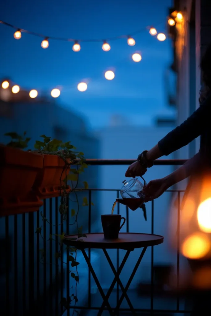 Balcony lighting ideas at blue hour with warm string lights over a small bistro table