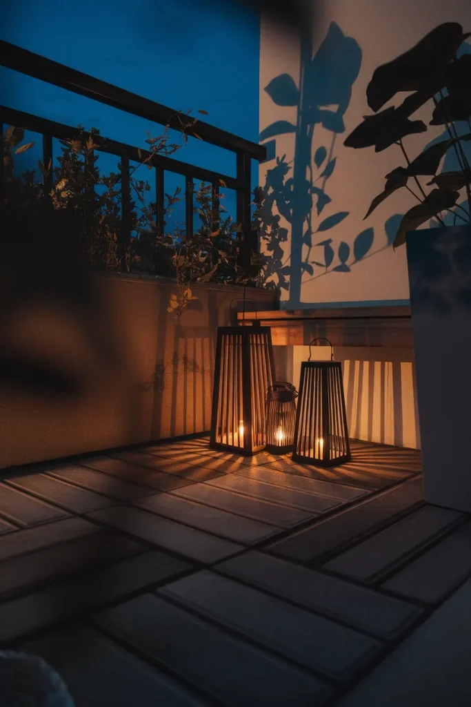 Balcony lighting ideas floor glow with under bench strip lights and planter uplighting