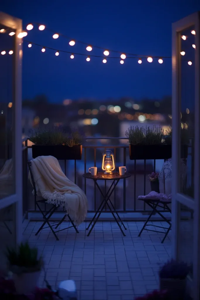 Balcony lighting ideas for cozy evenings with layered string lights, lantern, and floor glow
