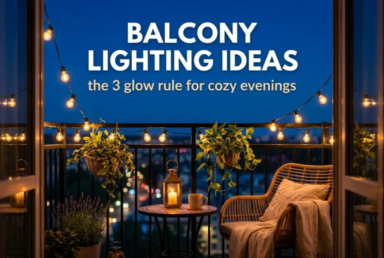 Balcony lighting ideas pin with warm string lights over a cozy blue hour balcony