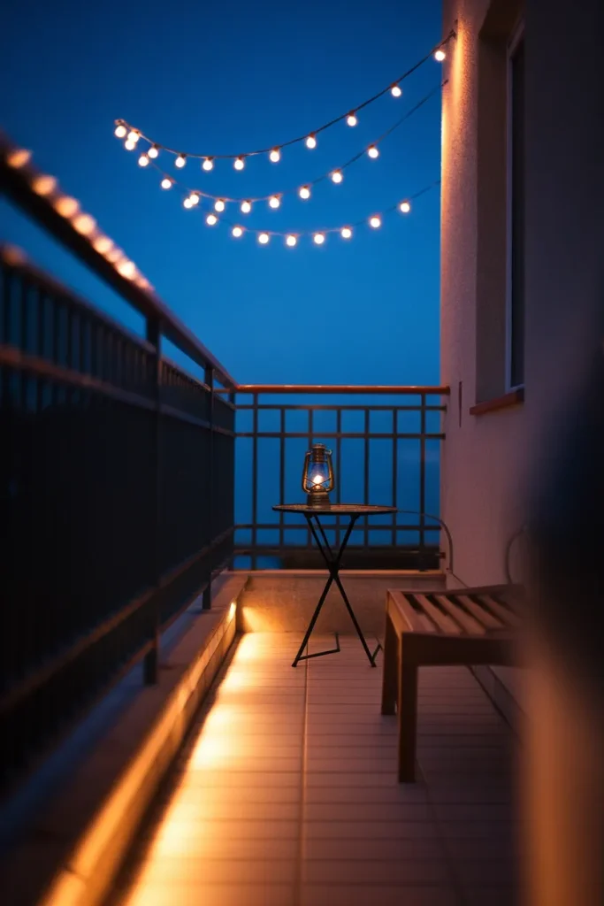 Balcony lighting ideas showing three light layers at overhead, table, and floor height