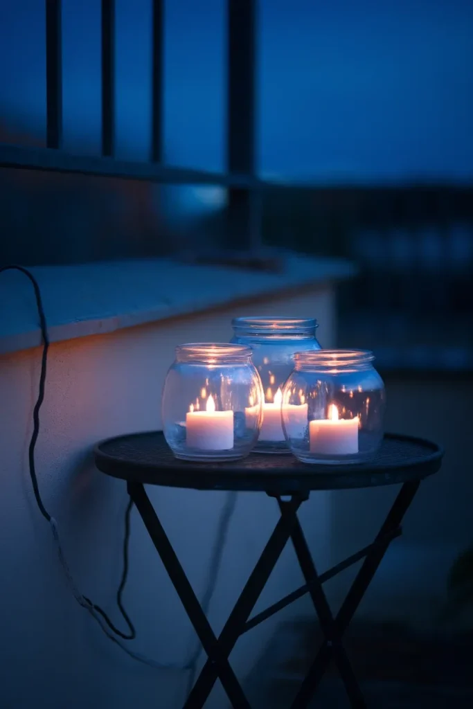 Balcony lighting ideas using flameless LED candles in hurricane glass for renter fire safety