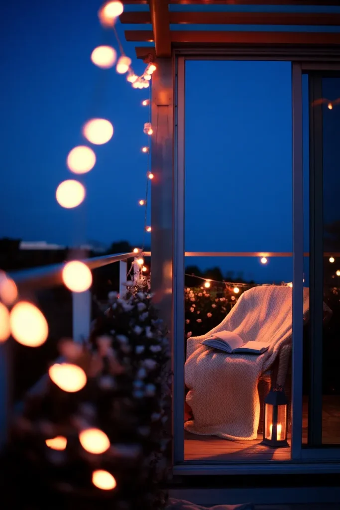 Balcony lighting ideas using warm 2700K light for a cozy evening reading corner
