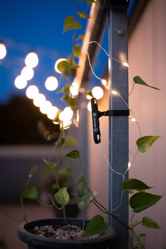 Balcony lighting ideas wind proofing string lights with zip ties on a railing